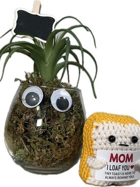 Funny Googly Eye Faux Succulent in Wine Glass •Cute Gift • Desk Decor • Mom Gift